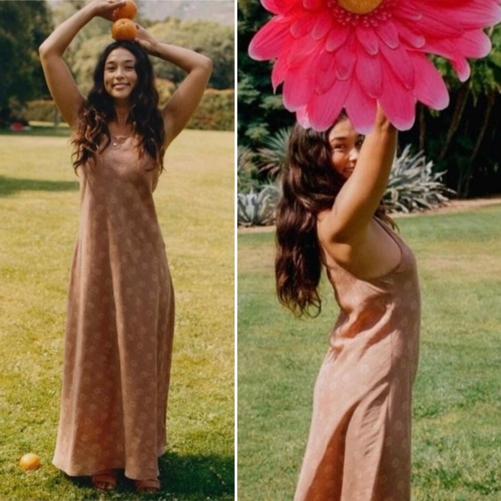 Christy Dawn Mauve Block Print Sunflower Cotton/ Silk Sage Maxi Dress